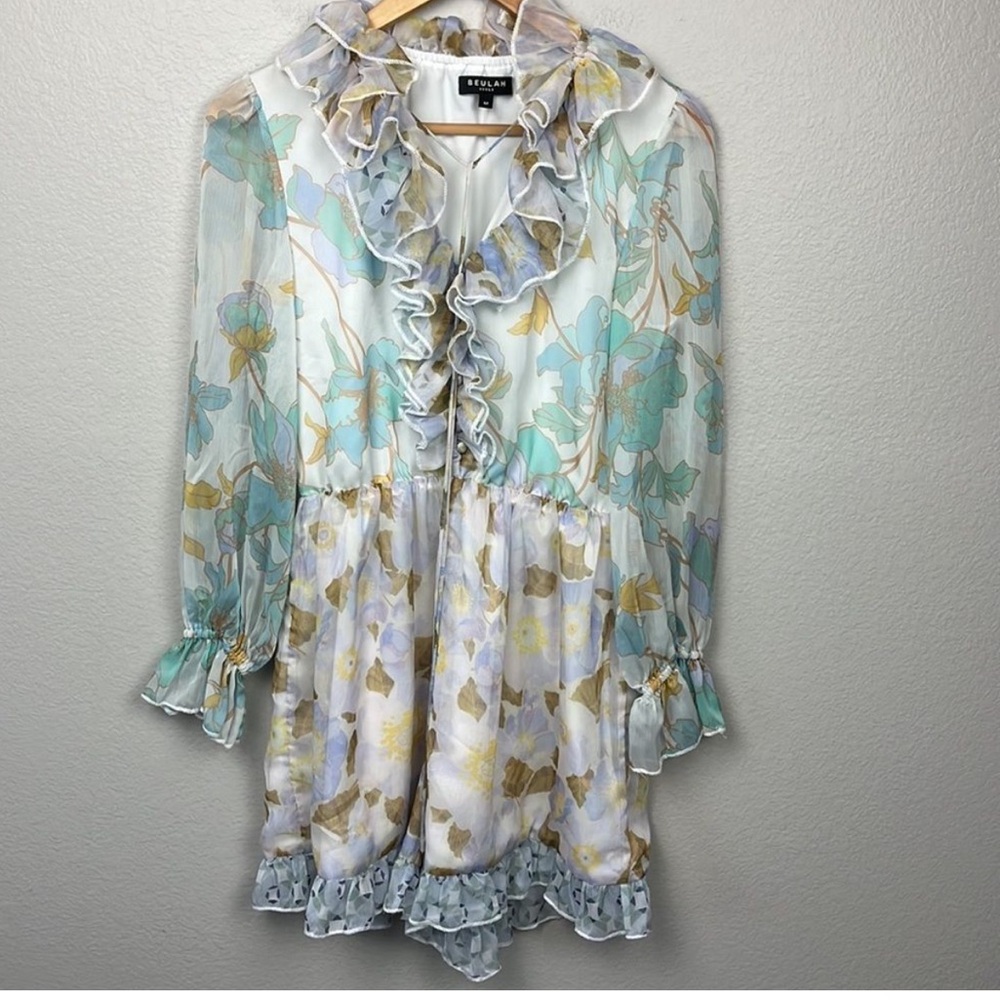 Beulah Floral Ruffle Romper Long Sleeves Button Front V-Neck Sheer White/Pastel